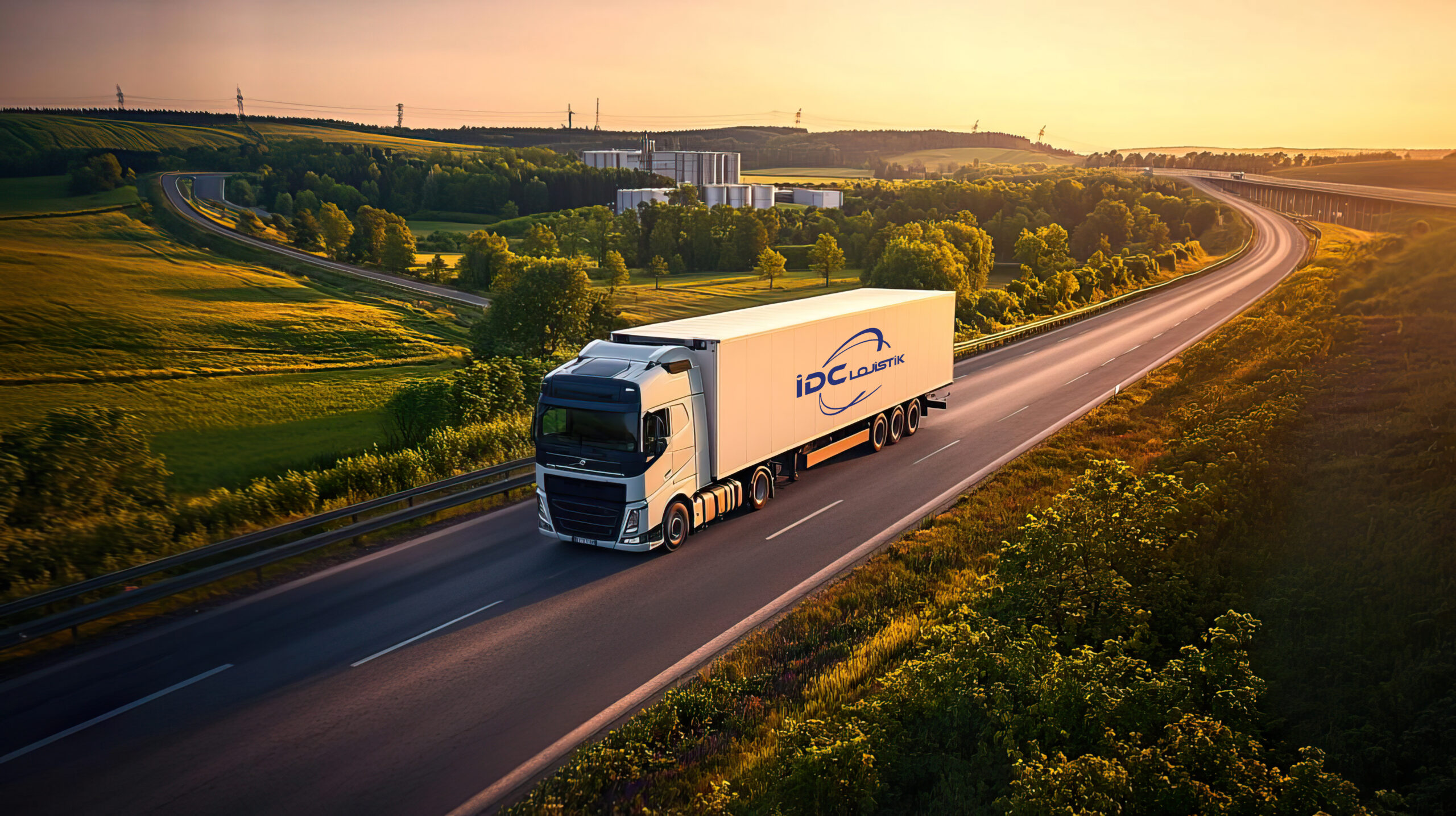 sleek-truck-drives-down-winding-road-surrounded-by-lush-greenery-sunset-symbolizing-transport-freedom